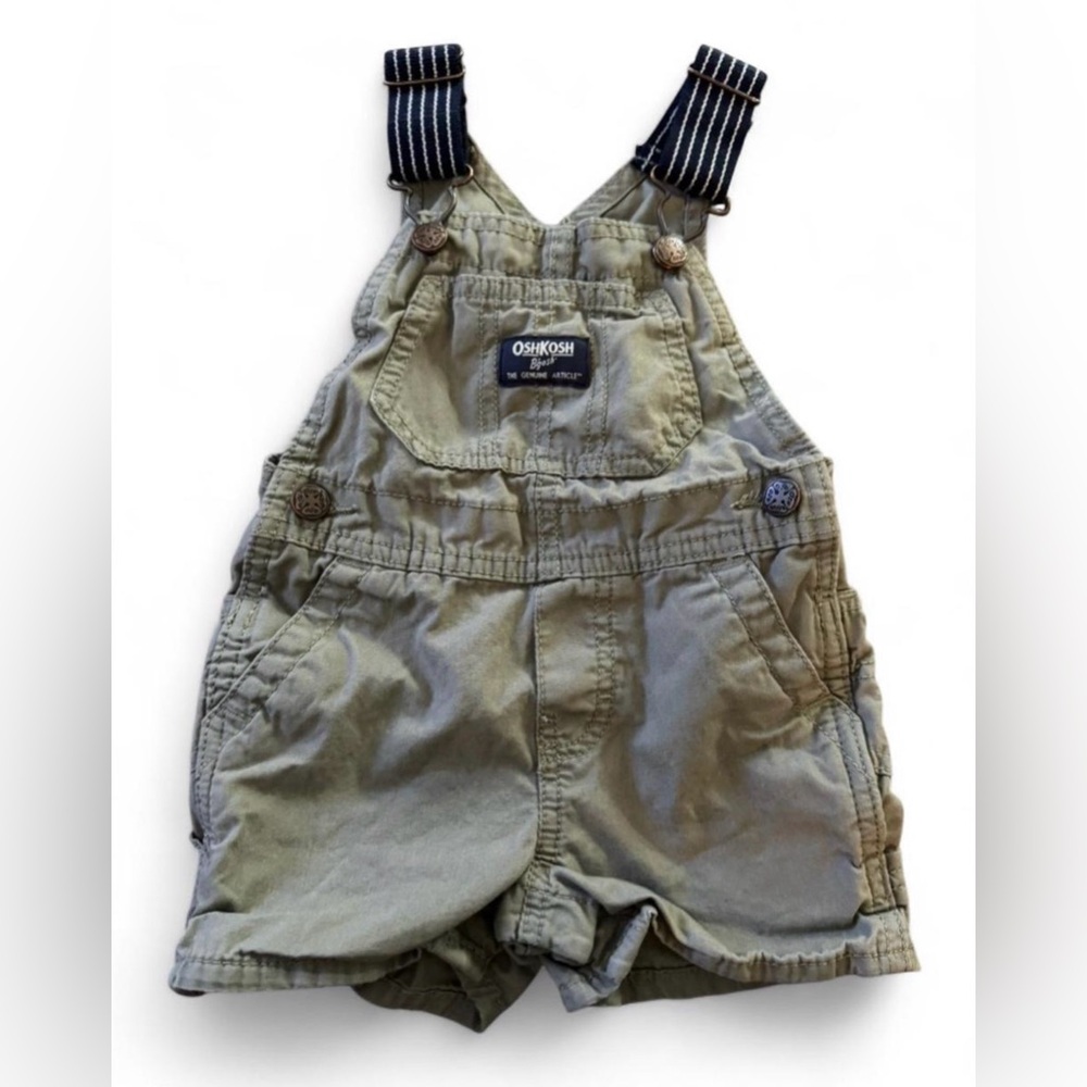 OshKosh B’gosh Baby Khaki Olive Shortalls Overalls 9M Classic Striped Strap